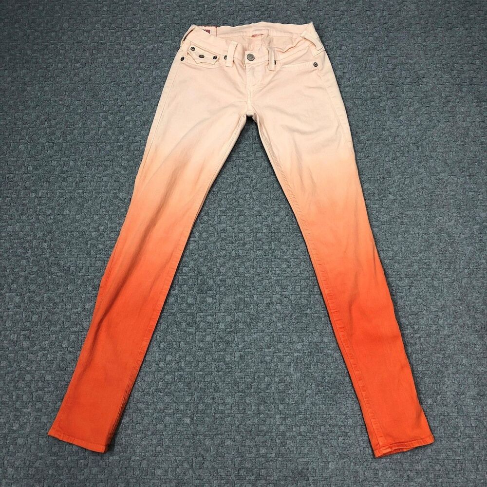 True Religion Julie Skinny Jeans Womens 27 Orange Ombre Stretch Denim Dip Dye